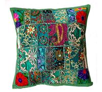 Rastogi Handicrafts Housse de coussin en patchwork faite main Patchwork de sari Motif indien ethnique, Tissu, Vert, 40 x 40 cm