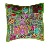 Rastogi Handicrafts Housse de coussin en patchwork faite main Patchwork de sari Motif indien ethnique, Tissu, vert clair, 40 x 40 cm
