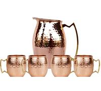 Rastogi Handicrafts Pichet en cuivre pur martelé avec lot de 4 tasses à bière et vin