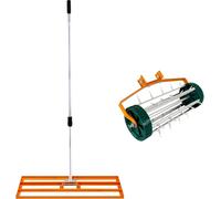 Râteau à gazon et aérateur à roulettes I Dents de 3,8 cm I 100 cm x 32 cm Râteau de nivellement orange, avec poignée amovible et télescopique à double usage
