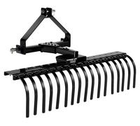 Râteau à roche de 127 cm, râteau à 3 points avec 17 dents en acier, compatible avec les tracteurs de catégorie 1, angle réglable, râteau déchaumeur robuste pour les débris d'herbe et de branches