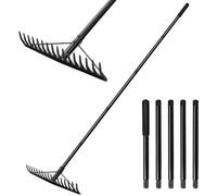 Râteau de jardin en métal Unyqoos® avec manche réglable jusqu'à 183 cm, 17 dents en acier robustes, largeur de la tête de 43 cm, longueur totale de 185 cm