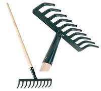 Râteau de jardin, manche en bois, tige en métal, longueur de 126 cm, 10 dents, adapté à l'entretien du jardin
