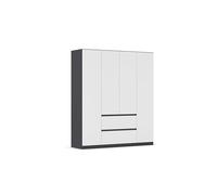 Rauch Möbel Mainz Armoire à portes pivotantes Blanc/gris métallisé, noir, 4 portes avec 2 tiroirs, avec kit d'accessoires Basic 3 étagères, 3 tringles à vêtements, sans poignées, l x h x p 181 x 210 x