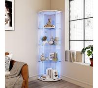 Ravas Vitrine d'angle en verre, vitrine en verre sur pied, barre lumineuse LED, serrure à clé, 4 niveaux avec 1 porte, vitrine de collection pour salon, bar, bureau, blanc