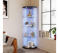 Ravas Vitrine d'angle en verre, vitrine en verre sur pied, barre lumineuse LED, serrure à clé, 4 niveaux avec 1 porte, vitrine de collection pour salon, bar, bureau, noire