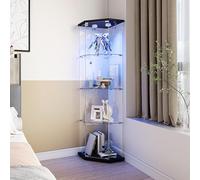 Ravas Vitrine d'angle en verre, vitrine en verre sur pied, lumière LED, serrure à clé, 4 niveaux avec 1 porte, vitrine de collection pour salon, bar, bureau, noire