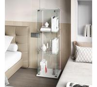Ravas Vitrine en verre de 123 cm de haut, vitrine en verre debout, barre lumineuse LED, serrure à clé, 3 niveaux avec 1 porte, design panoramique transparent, vitrine de collection pour salon, blanc