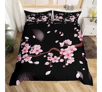 RAVILO Housse de Couette 200x200 Fleurs de Cerisier Parure de Lit 2 Personnes Japon 3D Housses de Couettes Microfibre Douce Imprimée et 2 Taie d'oreiller 65x65 cm avec Zippée