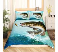 RAVILO Housse de Couette 200x200 Pêche Parure de Lit 2 Personnes Poisson 3D Housses de Couettes Microfibre Douce Imprimée et 2 Taie d'oreiller 65x65 cm avec Zippée