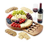 RAXCO Coffret cadeau plateau à fromage en bois d'acacia avec plateau en ardoise, planche à charcuterie ronde de 32 cm avec tiroir caché et 4 couteaux à fromage spécialisés