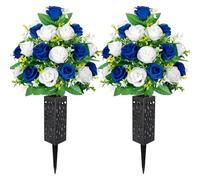 Raxfekro 2 pièces Fleurs Artificielles de Cimetière avec Vase, Rose Artificielle Bouquet de Fleurs pour Cimetière Décoration Funéraire pour décoration de Pierre tombale de cimetière (Bleu + Blanc)