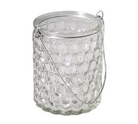 Rayher Photophore en verre à suspendre, blanc. 1 pce., relief à alvéoles, anse en métal, 7,5x7,5x9cm, ø col 6cm, 200ml, décoration, fête, porte bougie-56932000