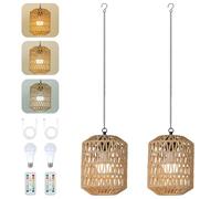 Rayofly 2 Pièces Lampe Suspendue Rechargeable Intérieur, Lampe à Suspendre Boho avec Batterie, Suspension en Rotin sans Alimentation Électrique, Lampes de Jardin Extérieur avec Ampoule & Télécommande
