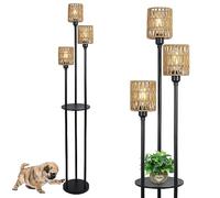 Rayofly Lampadaire Boho, lampadaire 3 lumières en rotin avec étagère, lampadaire industriel avec interrupteur à pied et abat-jour en rotin, lampadaire haut pour salon, chambre à coucher et bureau