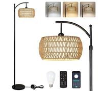Rayofly Lampadaire en rotin à intensité variable avec télécommande et ampoule LED, contrôle par application, Lampadaire boho avec abat-jour en rotin & lin, vintage pour salon, chambre à coucher E27
