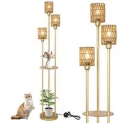 Rayofly Lampadaire Or Salon à 3 Flammes Avec Étagère, Abat-jour en Rotin & Interrupteur à Pied - Moderne Boho Pour Chambre, Bureau, Salon