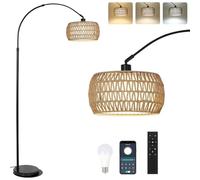 Rayofly Lampe à Arc - Salon Lampadaire Vintage avec Abat-Jour en Rotin, Boho avec Télécommande et Ampoule LED, Contrôle par Application, Intensité Variable