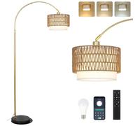 Rayofly Or Lampe à Arc Salon avec Télécommande, Moderne Lampadaire Salon Dimmable avec Abat-jour en Rotin et Ampoule LED, Contrôle App, Boho Floor Lamp, Lampadaire Arc pour Chambre à Coucher