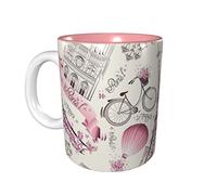 rayprint Mug à café fleuri Tour de Paris 325 ml (11 oz) en céramique rose, idéal pour le bureau et la maison. Intérieur rose.