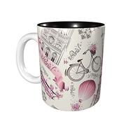 rayprint Mug à café Tour de Paris avec fleurs, 325 ml, en céramique noire, idéal pour le bureau et la maison. Intérieur noir.