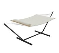 RBFGYIOP Hamac double avec support en acier - Capacité 215 kg pour 2 personnes - Coton respirant - Rembourrage matelassé réversible - Barres en bois - Facile à monter - Idéal pour le jardin