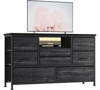 RBFGYIOP Meuble De Rangement pour Entrée - 8 Tiroirs en Tissu, éclairage LED Intégré, Ports USB/AC - Plateau en Bois, Structure en Métal - Polyvalent : Salon, Chambre, Couloir - Style Vintage