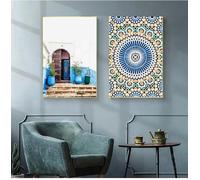 RDRDtbtr Maroc bâtiment Murale Art Toile tableau peinture mosquée bleu porte affiches nordique Murale Tableaux pour salon galerie Decoration à la maison 50x70 cm x 2 sans cadre