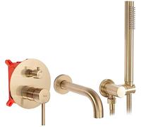 Rea ROBINET DE BAIGNOIRE ENCASTRÉ Lungo Gold Brush + Box Mitigeur Baignoire avec Douchette en Laiton pour Salle de Bain Chaude et Froide Réglable (Or brossé)
