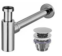 REA Siphon tubulaire universel en acier inoxydable pour lavabo et lavabo - Hauteur réglable - Siphon d'écoulement + bouchon Click-Clack - Valve pop-up - Argenté/chromé