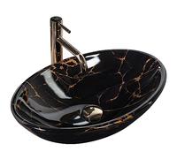 Rea VASQUE À POSER Pamela Black Marble Shiny Lavabo Salle de Bain 530 x 330 x 150 mm en Céramique (imitation de pierre)