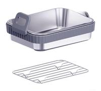 ReachMall Poêle à frire à air comprimé en acier inoxydable avec couvercle et grille - Poignée en silicone antidérapante - Plateau sulfurisé pour rôtir et cuire - Compatible avec les fours à convection
