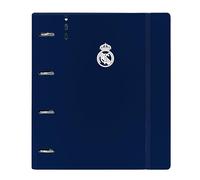 Real Madrid 1ère équipe 24/25 - Classeur avec 4 anneaux de 35 mm, avec recharge, avec 100 feuilles A4, idéal pour enfants de différents âges, confortable et polyvalent, 27 x 4 x 32 cm Blanc/gris,
