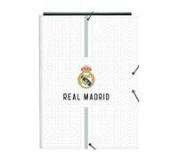 Real Madrid 1ère équipe 24/25 - Classeur folio avec 3 rabats, idéal pour enfants de différents âges, confortable et polyvalent, qualité et résistance, 26 x 36,5 cm, blanc/gris
