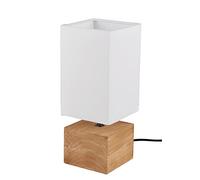 Reality Leuchten Lampe à poser Woody – Pied bois, abat-jour tissu blanc 12 × 12 cm
