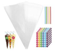 Realjoy 200 Sachets à Bonbons, 25 x 13 cm Sachet Transparent Bonbon avec 200 Attaches Torsadées et 240 Autocollants, Sacs à Cône Transparent en Cellophane pour Popcorn, Bonbons, Snacks, Mariages