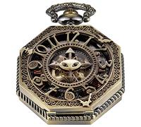 Realpoo Montre de poche mécanique squelette octogonale marron irrégulier pour homme, cadran à chiffres romains, montre de poche mécanique avec chaîne + boîte, SWQ-105
