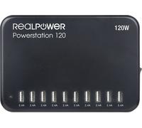 RealPower Power Station 120 : Station de charge Secteur Intérieure - 10 Ports USB 2.0 - 120W - Protection Surtension/Surchauffe/Court-circuit