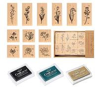 Rebanky 12 pcs Tampons en Bois des Plantes Tampon en Caoutchouc Bois Timbre de Caoutchouc Naturel avec 3 Tampons Encreurs de Couleur pour Bricolage,Carte,Lettre