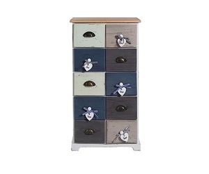Rebecca Mobili Armoire de Rangement 10 Tiroirs, Chiffonnier Vintage, Bois de Paulownia, Blanc Bleu Gris, pour Chambre Entree - Dimensions: 88 x 48 x 30 cm (HxLxL) - Art. RE4485