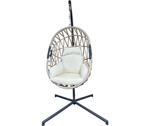 Rebecca Mobili Fauteuil suspendu avec socle, poly rotin et acier, beige
