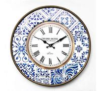 Rebecca Mobili Horloge Murale, Horloge de Mur Ronde, Metal, Blanc Marron Bleu, Style Vintage - Diamètre 50 cm x 4,5 cm - Art. RE6383