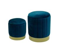 Rebecca Mobili Lot De 2 Poufs Tabouret, Pouf De Rangement Rond, Bleu, Velours MDF Eponge, avec Base en Fer - Dimensions HxLxP : 44 x 35 x 35 cm - Art. RE6835