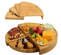 Recalma Plateau à Fromage Rond en Bambou avec Couteau à Fromage, Plateau de Service Tournant en Bois à 4 Couches, Plateau en Bois Coulissant pour Charcuterie, Amuse-Bouches et Planche Apéro.