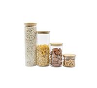 Recamania Lot de 4 Bocaux en Verre avec Couvercle en Bambou - Pots de Cuisine pour Stockage de Céréales, Pâtes, Graines et Plus - De 500 ml à 1900 ml