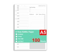 Recharge de planificateur quotidien non datée - Planificateur A5, 100 feuilles/200 pages, recharges de papier à 6 trous, recharges d'agendas pour Filofax, lignées pour université, 14 x 21 cm