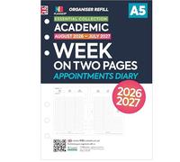 Recharge pour agenda scolaire 2026-2027 - Format A5 - Semaine sur deux pages - Août 2026 - juillet 2027 - Compatible avec les organiseurs Filofax A5 à 6 anneaux - 148 x 210 mm