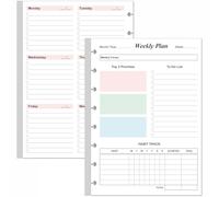 Recharges pour planificateur hebdomadaire non daté - Format junior 53 feuilles/106 pages colorées pour planificateur hebdomadaire à 8 disques, papier blanc 100 g/m², dure 1 an, non daté, 14,7 x 21,1