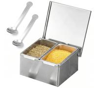 Récipient à ingrédients : station de garniture de pizza en acier inoxydable avec cuillère, compartiment amovible avec couvercle rabattable, 2 grilles