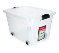 KADAX Boîte de rangement en plastique avec roulettes 60L, boîte de rangement transparente en plastique, organisateur avec couvercle, boîte à clips pour jouets, boîte de rangement avec fermeture à clic